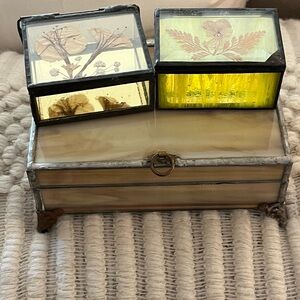 Vintage Boho Stained Glass Pressed Flower Jewelry Box Set/3